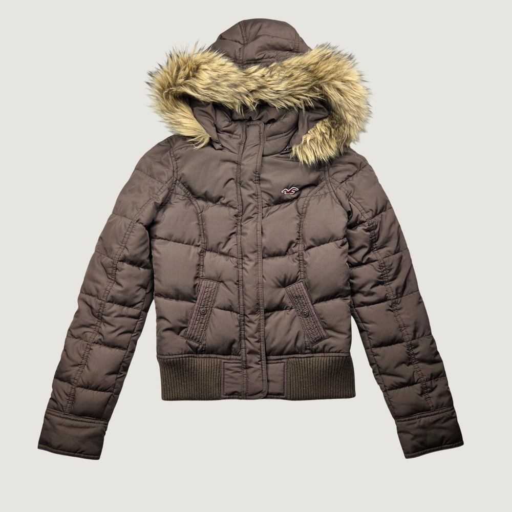 Y2K Hollister Down Puffer Jacket Women M Brown Faux Fur Hood McBling Bomber Ski